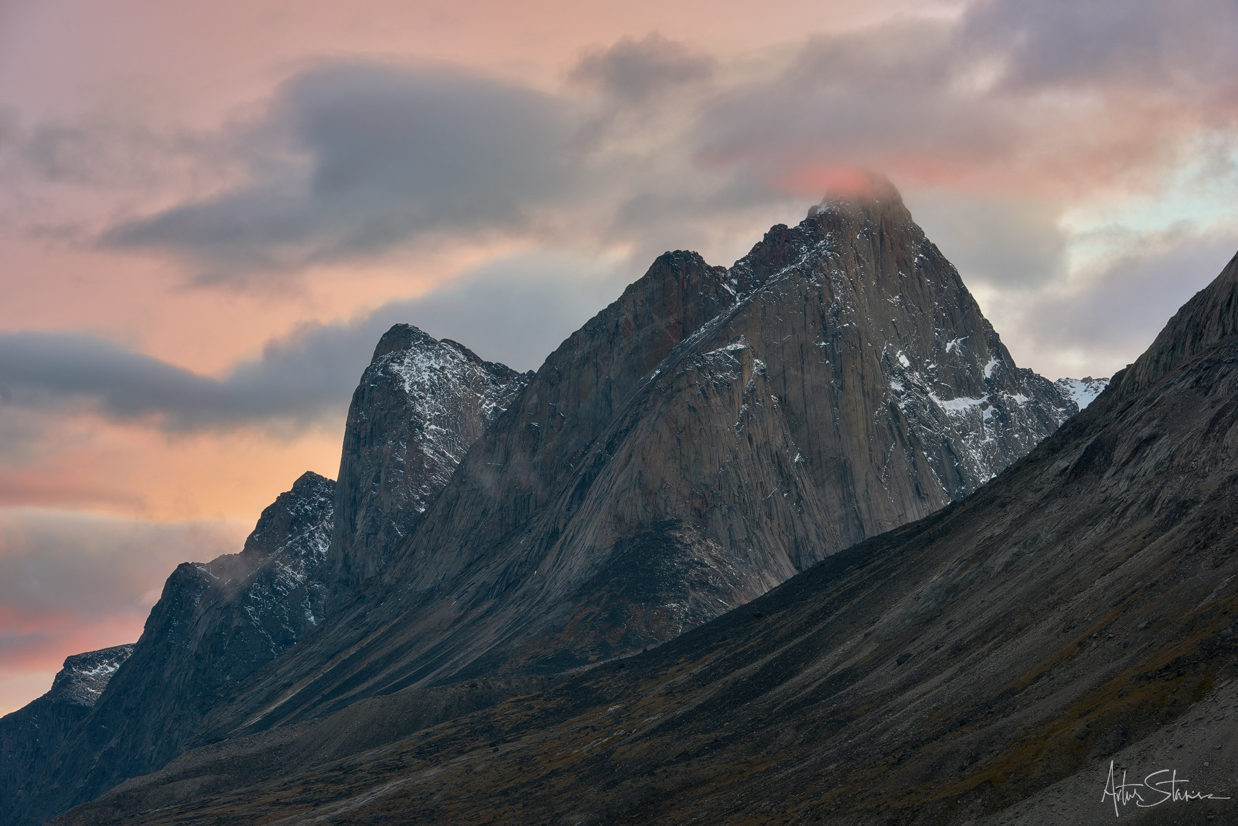 Sunset light over Mt. Northumbria in Baffin Island.